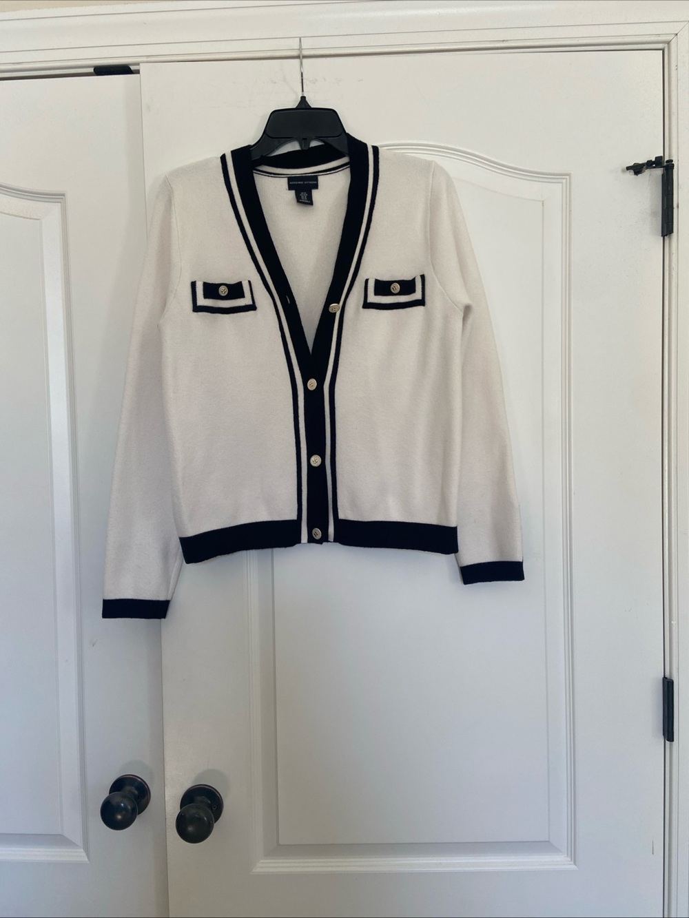 Adrienne Vittadini White Cardigan with Black Trim and Gold Buttons